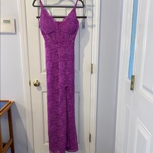 Morgan & Co Magenta lace gown, corset sheet midriff, leg slit, sparkly, sz. 2